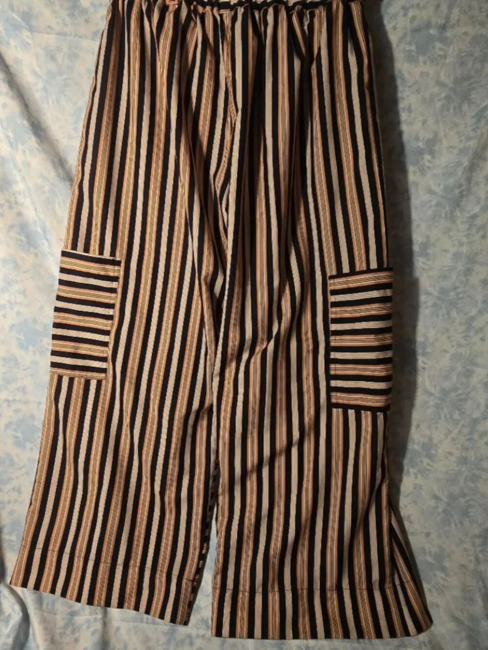 Boho Vertical Striped Paperbag Waist Wide Leg Pants - Cargo Pockets & Belt